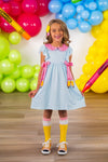 Pink & Blue Pencil Dress - 3T - Light blue sleeveless pencil dress with pink and white gingham ruffled collar and bow accents on the sleeves.