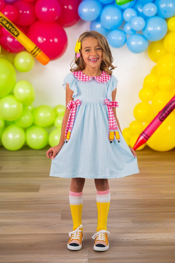 Pink & Blue Pencil Dress - 3T - Light blue sleeveless pencil dress with pink and white gingham ruffled collar and bow accents on the sleeves.