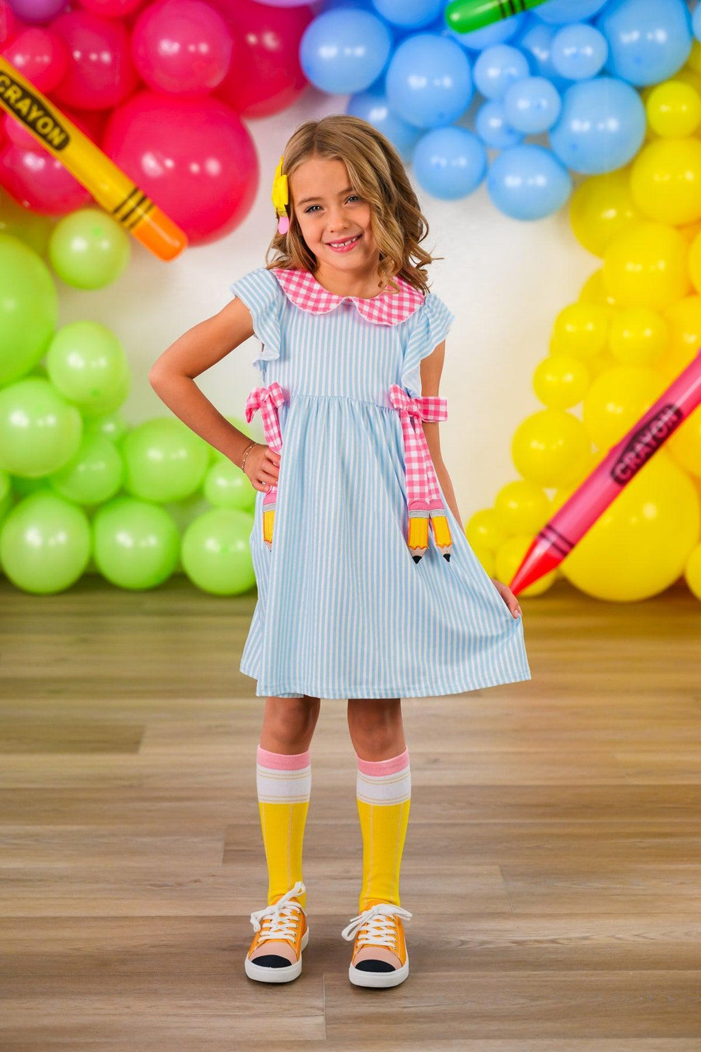 Pink & Blue Pencil Dress - 3T - Light blue pencil dress with pink plaid shoulder straps and side bows, knee-length style.