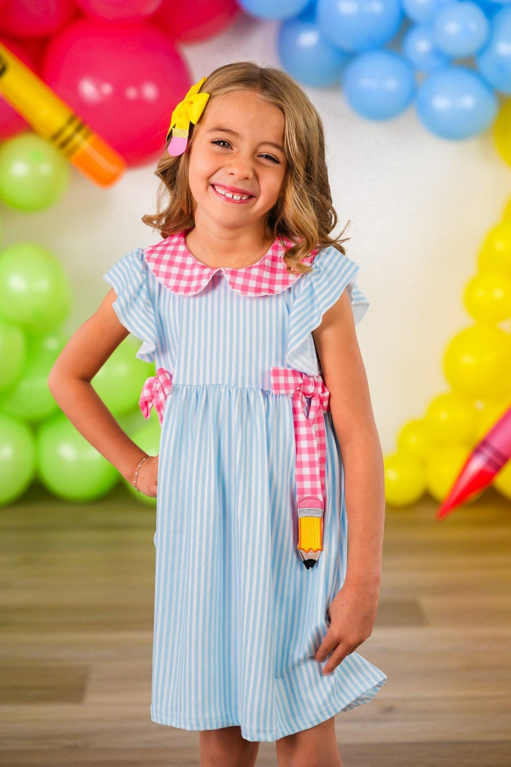 Pink & Blue Pencil Dress - 3T - Light blue and white striped pencil dress with pink gingham collar, short ruffled sleeves, and a pink gingham bow at the.