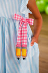 Pink & Blue Pencil Dress - 3T - Blue and white striped pencil dress with short ruffled sleeves, pink gingham bow, and pencil-shaped tassels hanging from.