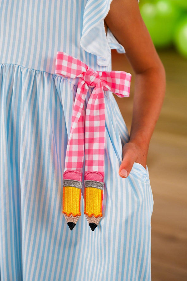 Pink & Blue Pencil Dress - 3T - Blue and white striped pencil dress with short ruffled sleeves, pink gingham bow, and pencil-shaped tassels hanging from.