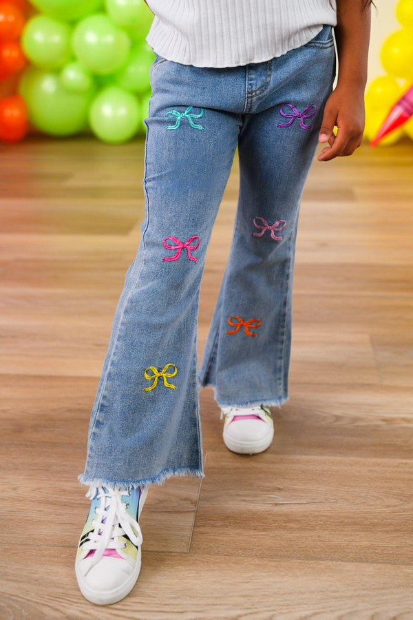 "Pre-K - Sixth Grade" Bow Denim Pant Set - PRE-K / 2T - Light blue denim pants with colorful embroidered bows scattered on front legs and frayed hems.