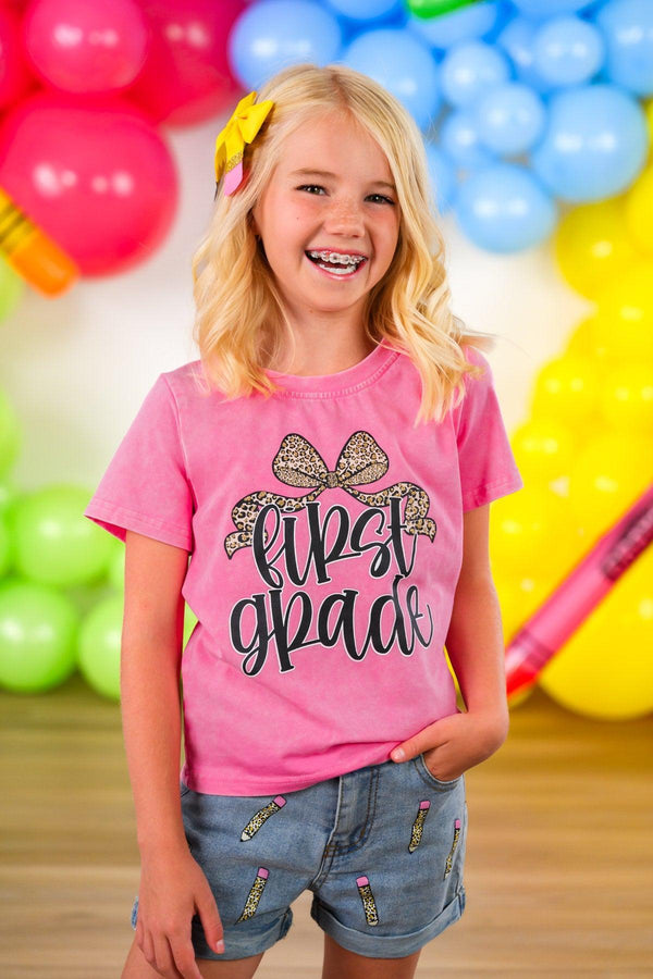 "Pre-K - Sixth Grade" Cheetah Denim Short Set - PRE-K / 2T - Pink short-sleeve t-shirt with glittery cheetah print bow and "First Grade" text.