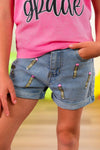 "Pre-K - Sixth Grade" Cheetah Denim Short Set - PRE-K / 2T - Light blue denim shorts with cheetah print pencil patches and rolled hems on a child wearing a pink shirt.