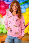 Mom & Me - Pink Pencils & Bows Pullover - 3T - Light pink pullover with pencil and bow prints, front zipper, and kangaroo pocket.