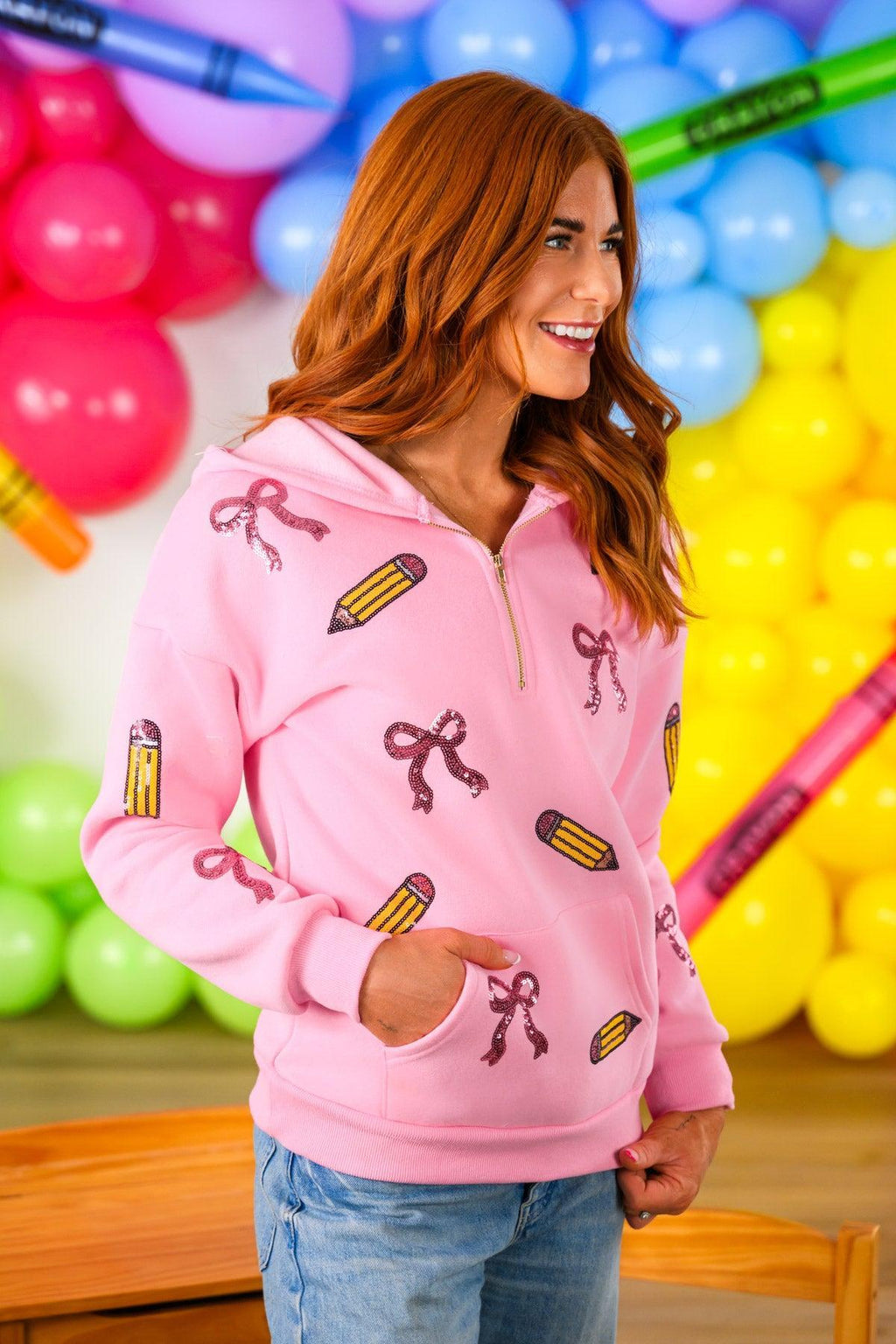 Mom & Me - Pink Pencils & Bows Pullover - 3T - Soft pink pullover with front pockets, decorated with embroidered pink bows and yellow pencils.