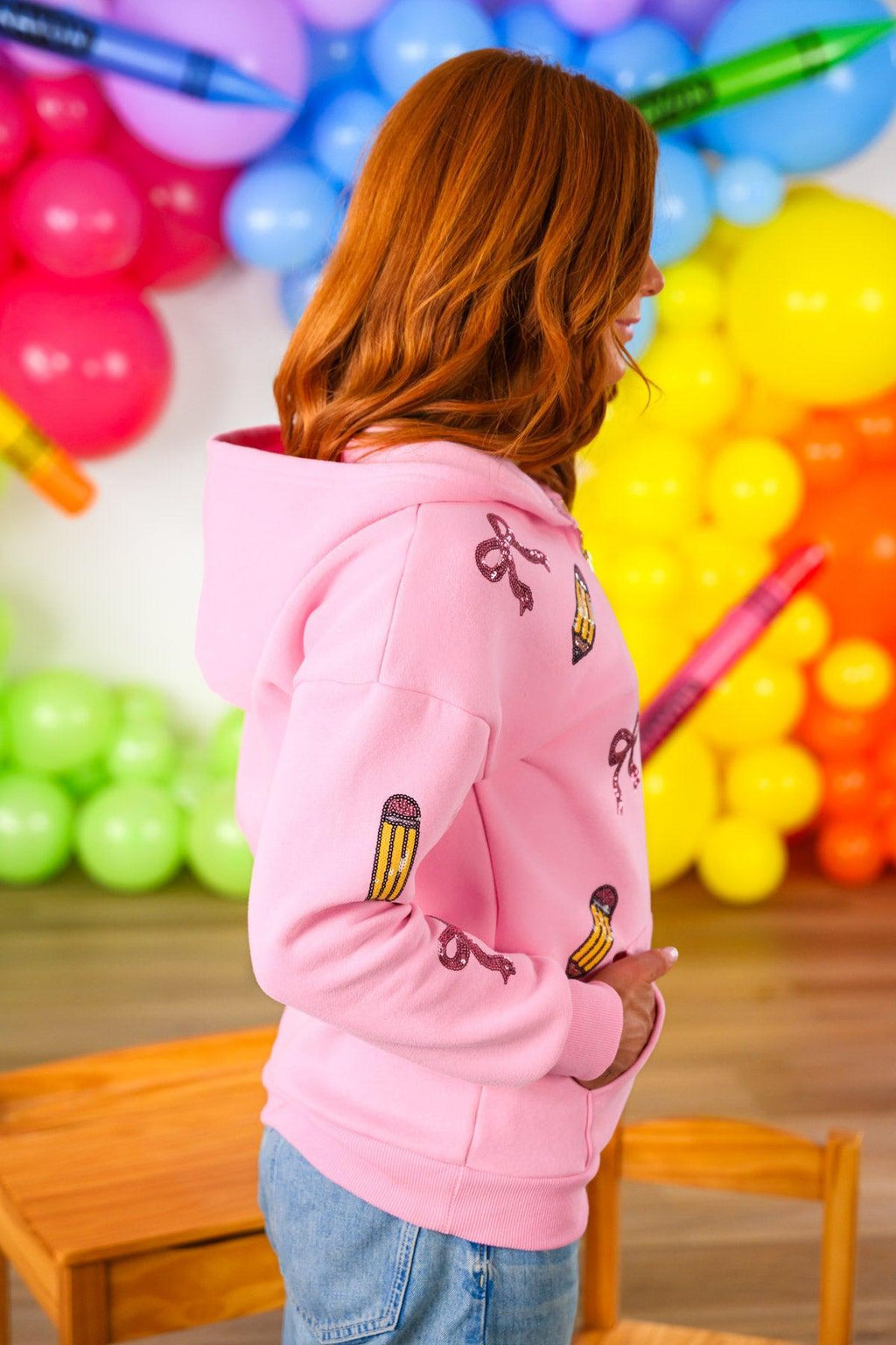 Mom & Me - Pink Pencils & Bows Pullover - 3T - Pink pullover hoodie with pencil and bow illustrations, cozy cotton fabric, relaxed fit.