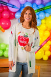 Mom & Me - Crayon Cardigan - CHILD-3T - Cream knit cardigan with colorful crayon embroidery worn over a white shirt featuring a red apple and the word "teach".