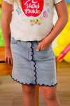 "Pre-K - Fifth Grade" Apple Denim Skirt Set - PRE-K / 2T - Light blue denim skirt with scalloped dark blue trim and pink apple button details down the front center.