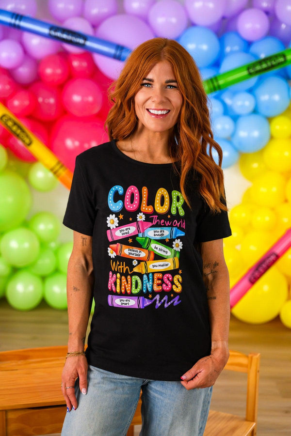 Mom & Me - "Color The World" Top & Short Set - CHILD-3T - Black cotton t-shirt with colorful "Color The World with Kindness" graphic, short sleeves.