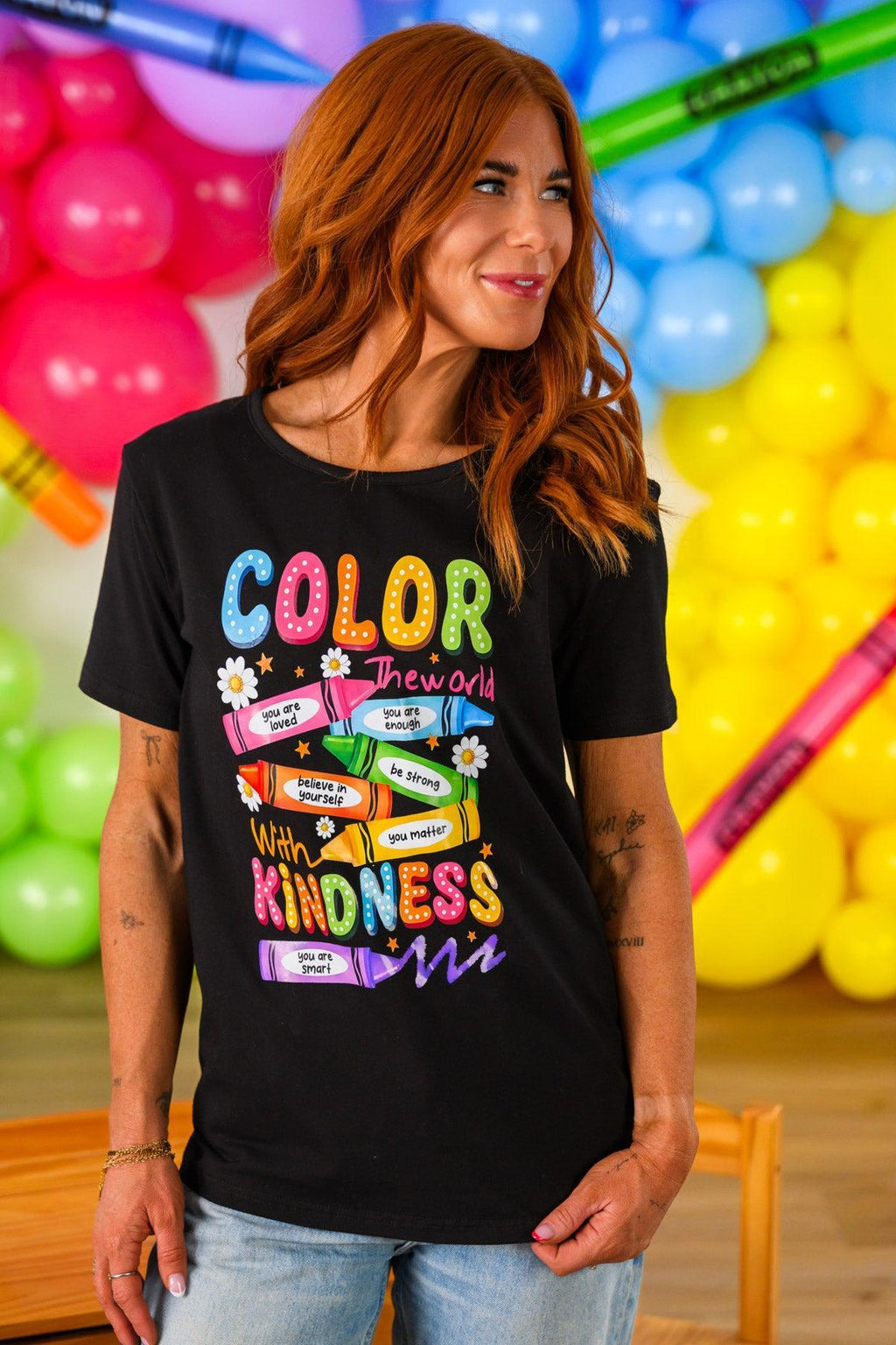 Mom & Me - "Color The World" Top & Short Set - CHILD-3T - Black short-sleeve cotton top with colorful "Color The World With Kindness" graphic text and rainbow accents.