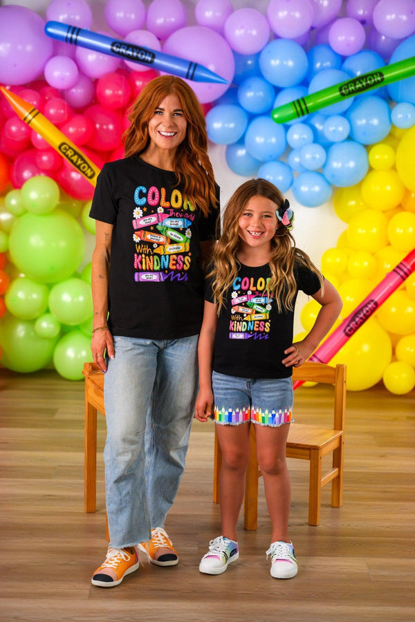 Mom & Me - "Color The World" Top & Short Set - CHILD-3T - Black short-sleeve tops with colorful "Color The World" rainbow graphic; girl wears matching multicolor shorts, woman wears.