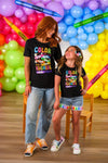 Mom & Me - "Color The World" Top & Short Set - CHILD-3T - Black cotton short-sleeve tops with colorful rainbow "Color The World" print, paired with denim shorts and skirt shorts with