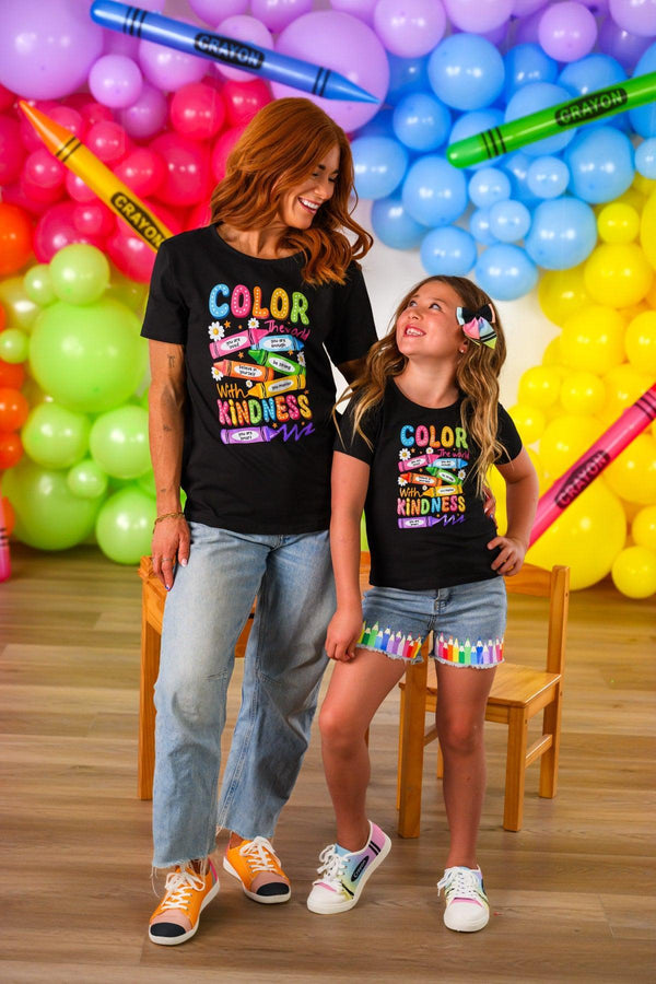 Mom & Me - "Color The World" Top & Short Set - CHILD-3T - Black cotton short-sleeve tops with colorful rainbow "Color The World" print, paired with denim shorts and skirt shorts with