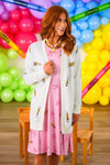 Mom & Me - Pink Pencil & Bow Dress - CHILD-3T - Pink knee-length dress with small bow print, paired with white open-front cardigan featuring yellow accents.