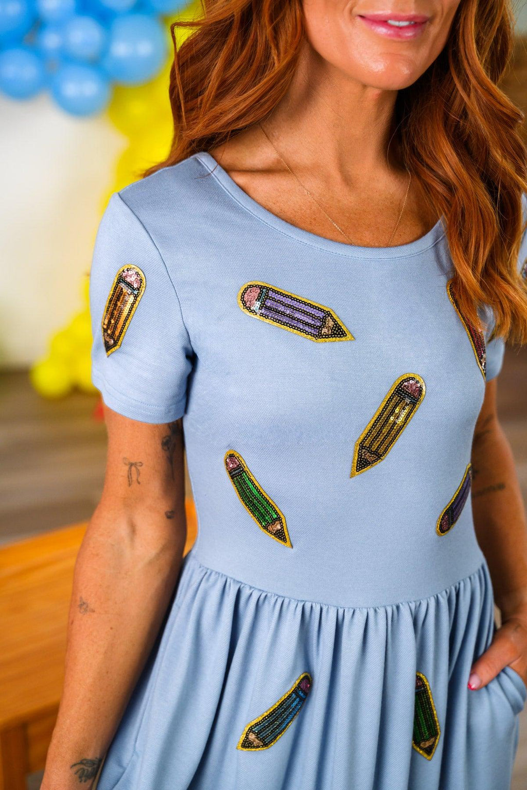 Mom & Me - Blue Pencil Dress - CHILD-3T - Light blue fitted pencil dress with short sleeves and colorful pencil appliqué details.