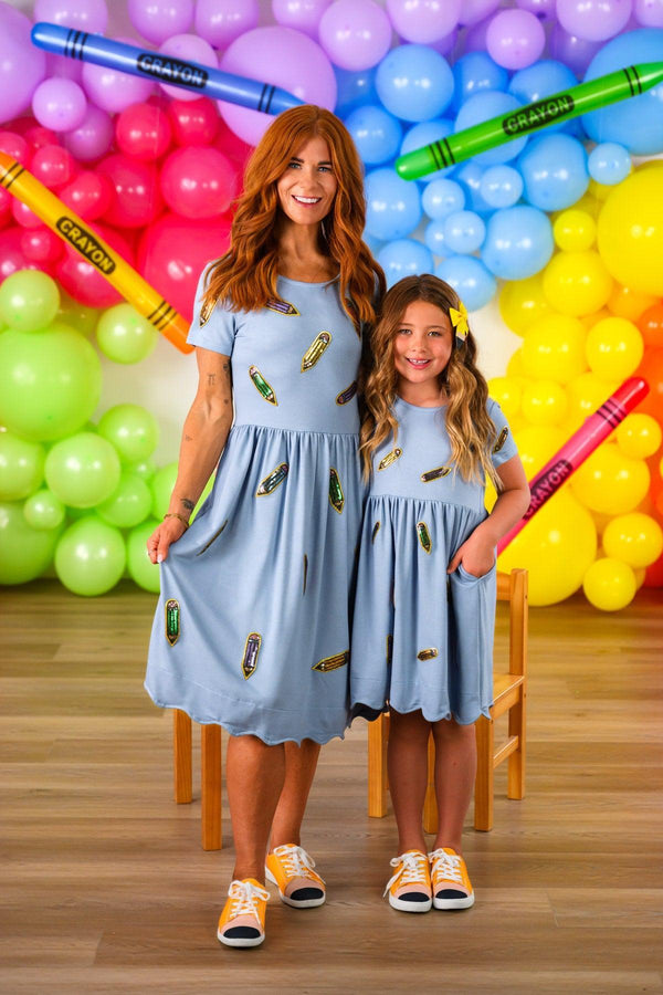 Mom & Me - Blue Pencil Dress - CHILD-3T - Light blue pencil dress with short sleeves, knee-length hem, and subtle embroidered pineapple details.