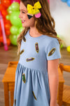 Mom & Me - Blue Pencil Dress - CHILD-3T - Light blue short-sleeve dress with colorful embroidered patches and a gathered waist.