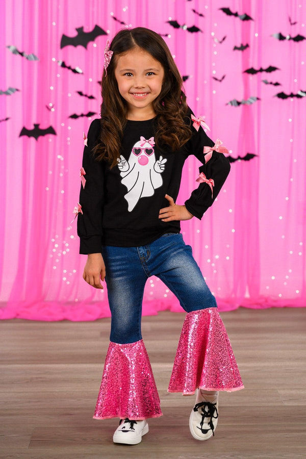Bubblegum Ghost Denim Bell Bottom Set - 6-12 Months - Black long-sleeve top with white ghost and pink bow graphic, paired with blue denim bell-bottom jeans featuring shiny pink.