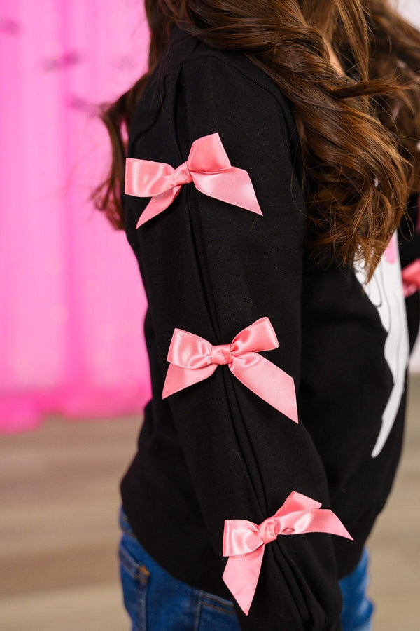 Bubblegum Ghost Denim Bell Bottom Set - 6-12 Months - Black denim bell bottom top with three pink satin bows on the sleeve.
