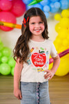 "Pre-K - Fifth Grade" Apple Denim Skirt Set - PRE-K / 2T - Cream short-sleeve t-shirt with colorful apple graphic paired with a blue denim skirt with front buttons.