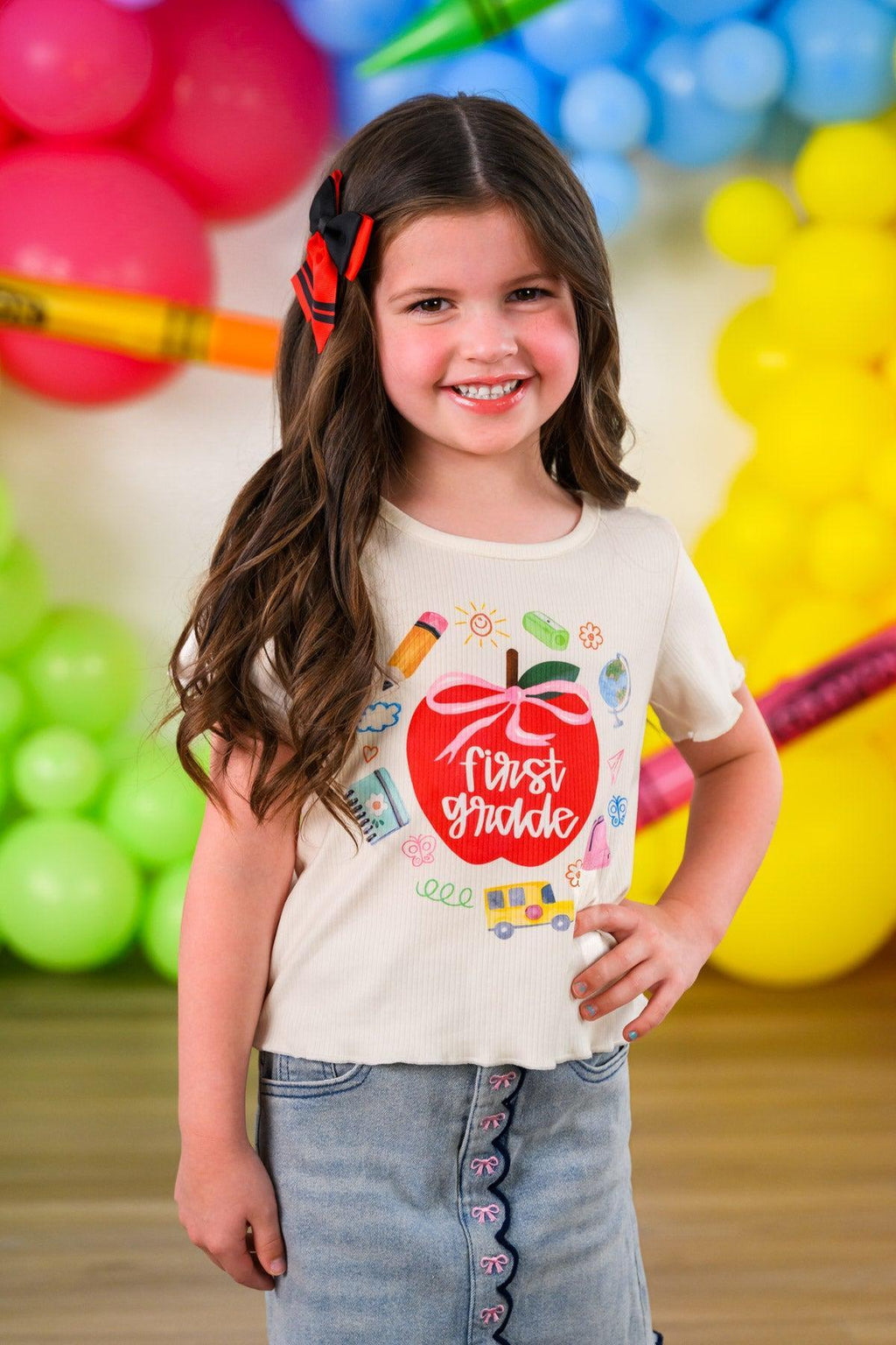 "Pre-K - Fifth Grade" Apple Denim Skirt Set - PRE-K / 2T - Cream short-sleeve t-shirt with colorful apple graphic paired with a blue denim skirt with front buttons.