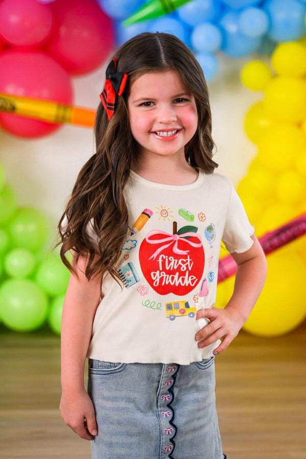 "Pre-K - Fifth Grade" Apple Denim Skirt Set - PRE-K / 2T - Cream short-sleeve t-shirt with colorful apple graphic paired with a blue denim skirt with front buttons.