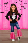 Bubblegum Ghost Denim Bell Bottom Set - 6-12 Months - Black long-sleeve top with white ghost graphic paired with dark denim bell-bottom jeans featuring pink sequin flared cuffs.