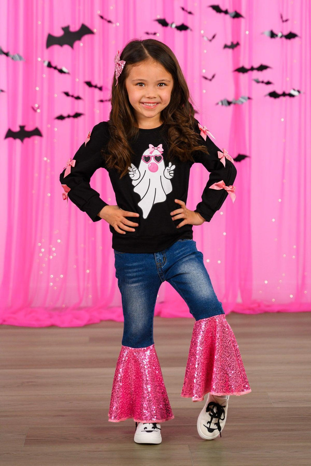 Bubblegum Ghost Denim Bell Bottom Set - 6-12 Months - Black long-sleeve top with white ghost graphic paired with dark denim bell-bottom jeans featuring pink sequin flared cuffs.