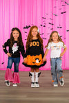 "Spooky Season" Bow Denim Pant Set - 6-12 Months - Girls' black denim pants with bright pink ruffled bell bottoms, black knit dress with "BOO" and orange tulle skirt, and.