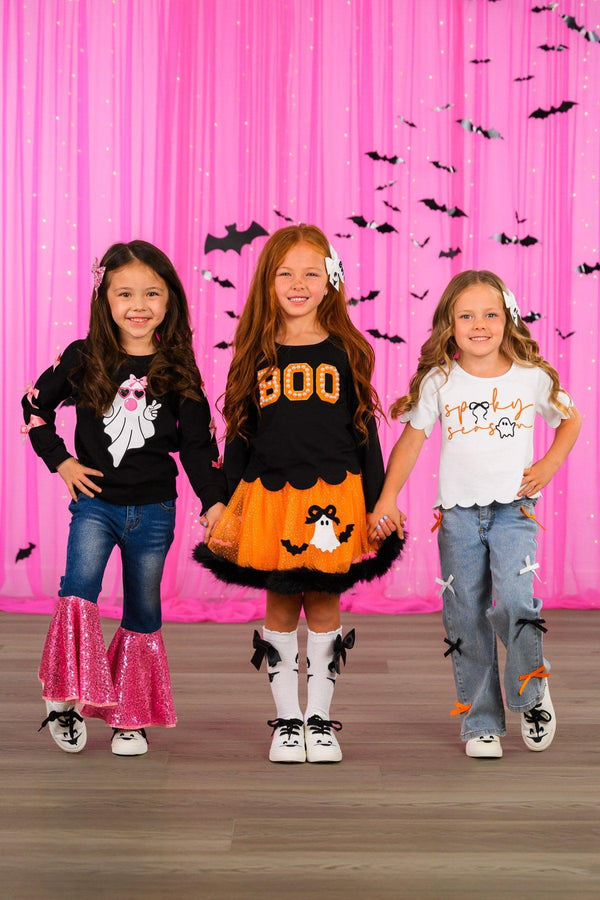 "Spooky Season" Bow Denim Pant Set - 6-12 Months - Girls' black denim pants with bright pink ruffled bell bottoms, black knit dress with "BOO" and orange tulle skirt, and.
