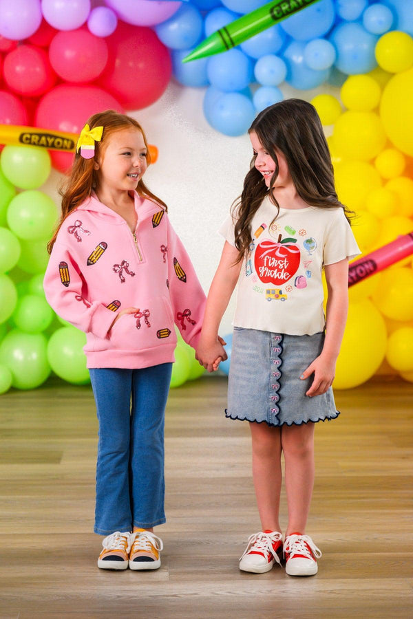 "Pre-K - Fifth Grade" Apple Denim Skirt Set - PRE-K / 2T - Girls holding hands, one in pink strawberry hoodie and blue flared jeans, the other in cream apple tank and denim skirt with
