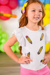 Pink Pencil Flare Denim Pant Set - 3T - White short-sleeve top with ruffled sleeves and yellow pencil graphic prints paired with pink flare denim pants.