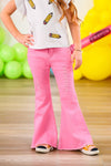 Pink Pencil Flare Denim Pant Set - 3T - Bright pink flared denim pants with subtle distressed details on front thighs.