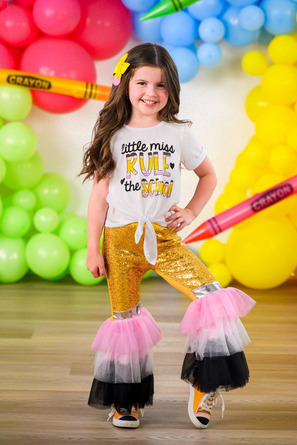 "Little Miss Rule The School" Bell Bottom Set - 3T - White short-sleeve tee with "Little Miss Rule The School" text, gold sequin bell-bottom pants with pink and black tulle.
