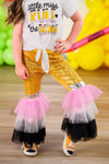 "Little Miss Rule The School" Bell Bottom Set - 3T - White short-sleeve top with "Little Miss Rule the School" text paired with gold sequin bell bottom pants featuring layered.