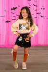 "Boo" Suede Skirt Set - 6-12 Months - Black suede skirt with Halloween ghost and pumpkin patches paired with a matching cream sweater with puffed sleeves and.