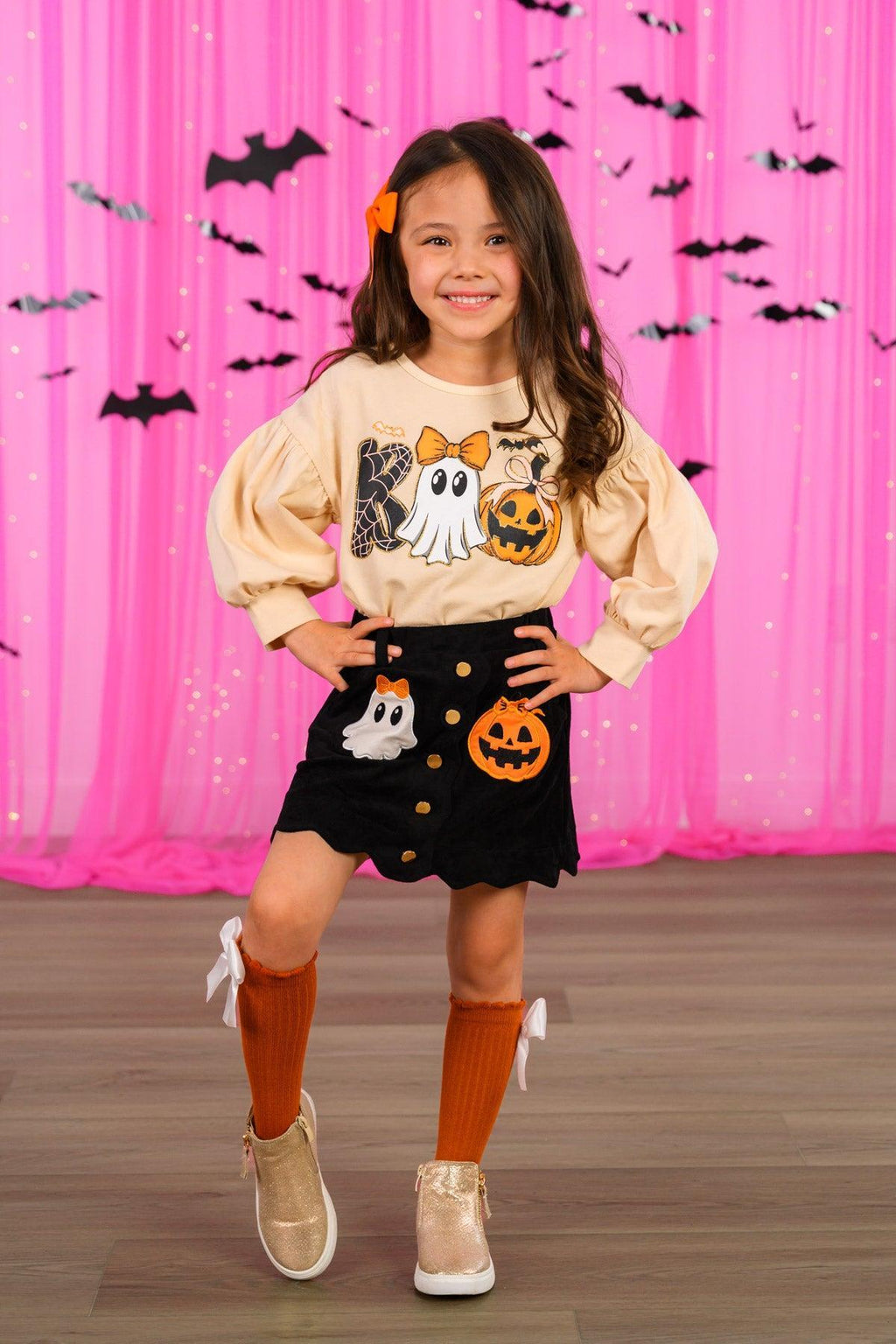 "Boo" Suede Skirt Set - 6-12 Months - Black suede skirt with Halloween ghost and pumpkin patches paired with a matching cream sweater with puffed sleeves and.