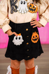 "Boo" Suede Skirt Set - 6-12 Months - Black suede skirt with scalloped hem, front buttons, and Halloween ghost and pumpkin patches.
