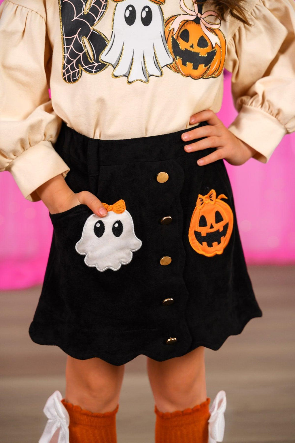 "Boo" Suede Skirt Set - 6-12 Months - Black suede skirt with scalloped hem, front buttons, and Halloween ghost and pumpkin patches.
