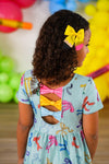 Mint Glitter School Bows Dress - 3T - Light blue dress with colorful prints, back cutout featuring three pink and yellow bows.