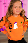 "Boo" Velvet Bell Bottom Set - 6-12 Months - Orange velvet bell bottom set featuring Halloween-themed knit top with ghost, pumpkin, spider, and letter B designs.