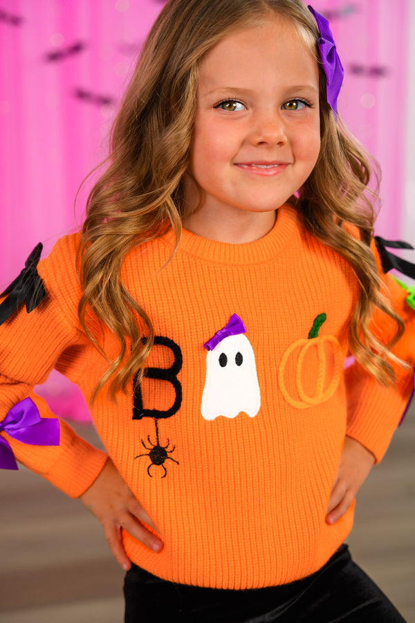 "Boo" Velvet Bell Bottom Set - 6-12 Months - Orange velvet bell bottom set featuring Halloween-themed knit top with ghost, pumpkin, spider, and letter B designs.
