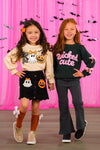 "Boo" Suede Skirt Set - 6-12 Months - Black suede skirt with Halloween ghost and pumpkin appliques paired with a cream sweater featuring ghost and pumpkin designs.