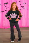 "Wicked Cute" Denim Flare Set - 6-12 Months - Black long-sleeve sweatshirt with "Wicked Cute" pink lettering paired with black flare denim jeans.