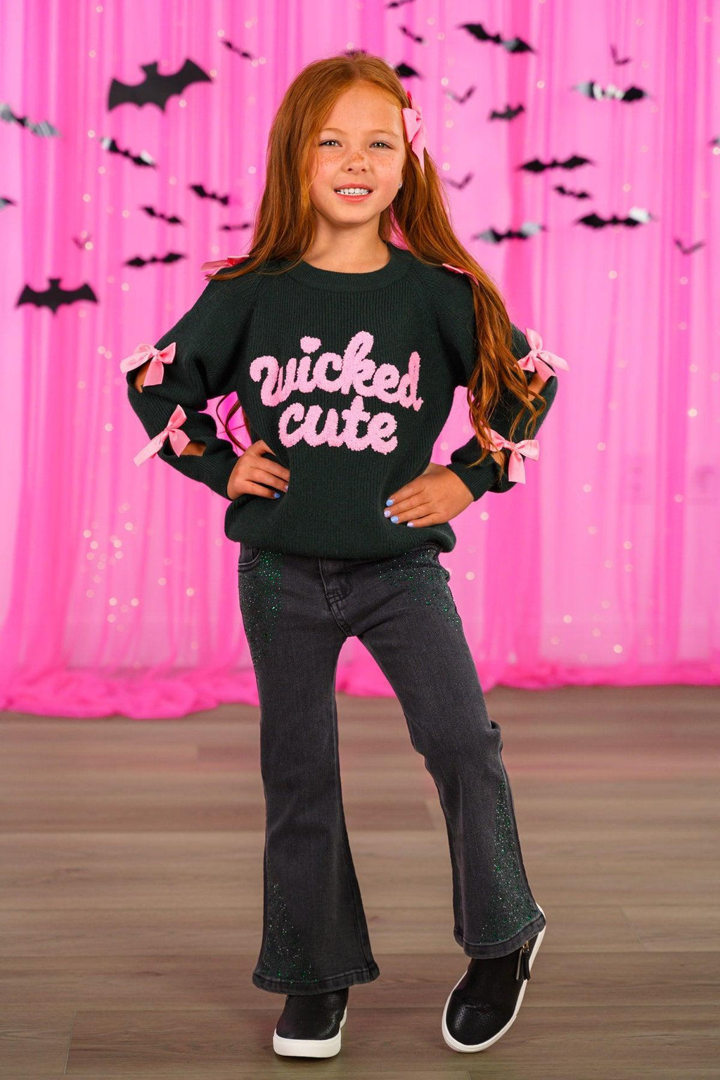 "Wicked Cute" Denim Flare Set - 6-12 Months - Black long-sleeve sweatshirt with "Wicked Cute" pink lettering paired with black flare denim jeans.