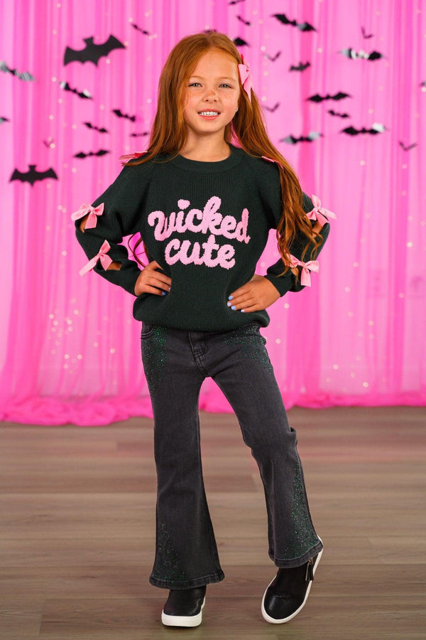 "Wicked Cute" Denim Flare Set - 6-12 Months - Black long-sleeve sweatshirt with "Wicked Cute" pink lettering paired with black flare denim jeans.