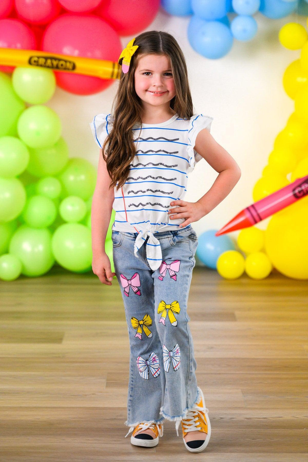 Notebook Bow Flare Denim Pant Set - 3T - White short-sleeve top with blue stripes paired with light blue denim pants featuring colorful butterfly patches and a front