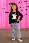 Rhinestone Ghost Denim Pant Set - 6-12 Months - Girl wearing black long-sleeve top with white rhinestone ghost graphic and light blue straight-leg denim pants.